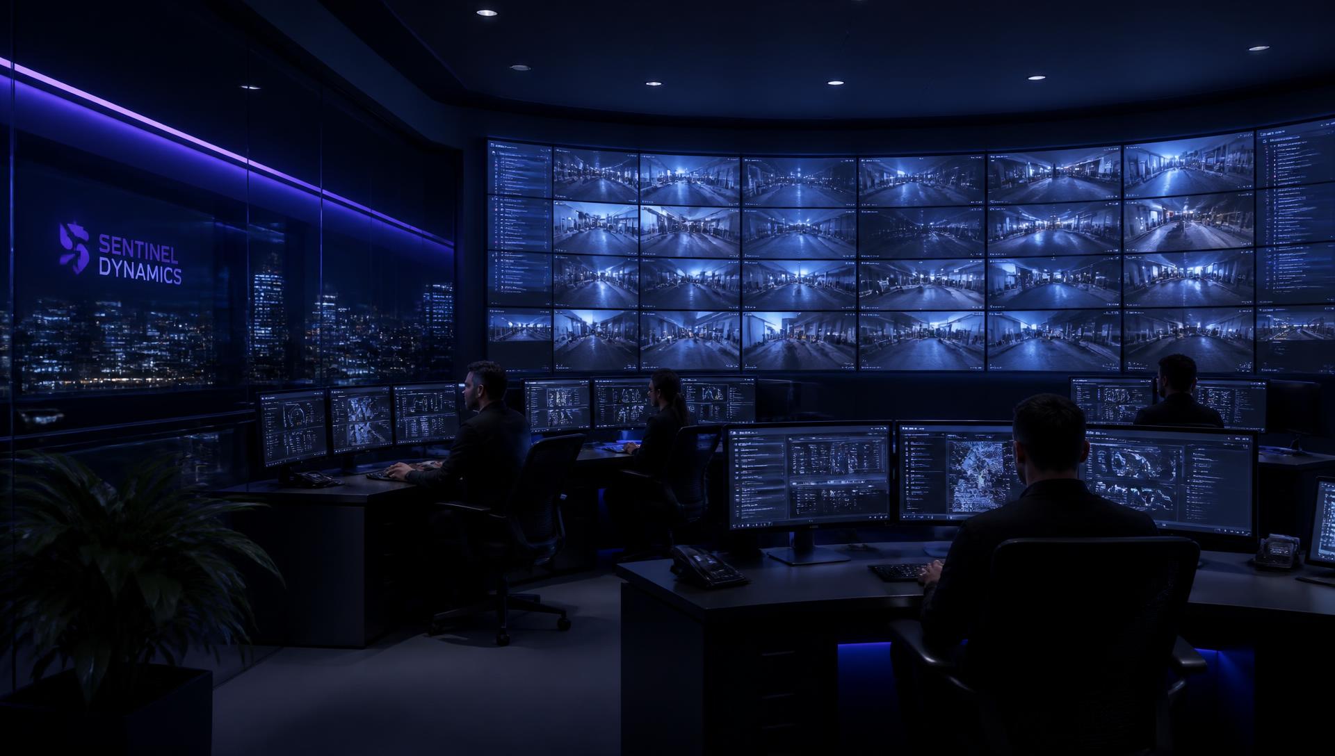 Security operations centre with a wall of live CCTV camera feeds